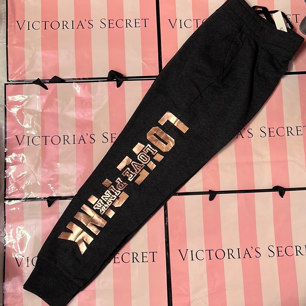VS Pink Bling Rose gold large logo dark gray pants